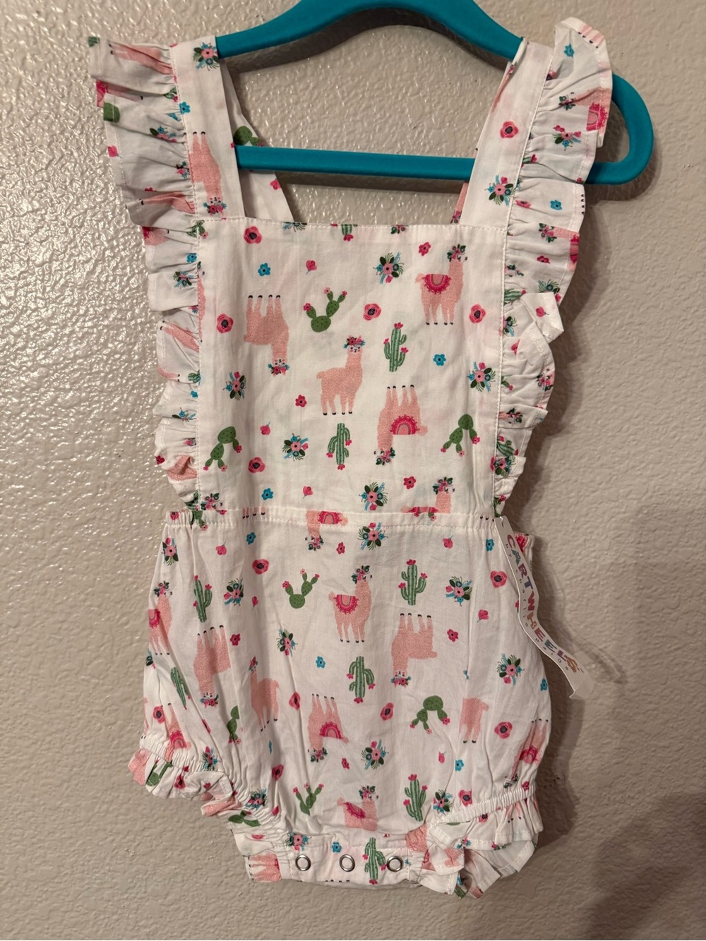 Charlie Paige White Romper with Pink Llama & Green Cactus Print